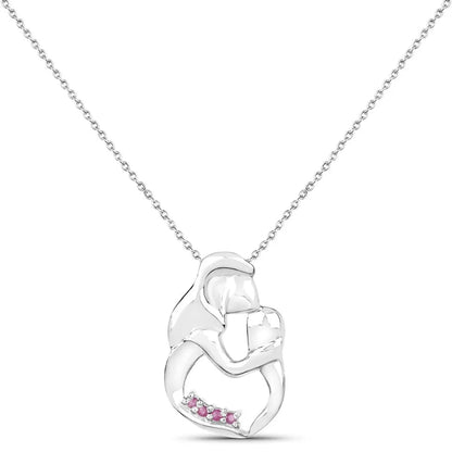 Round Pink Ruby Prong Silver Mom Pendant Necklace