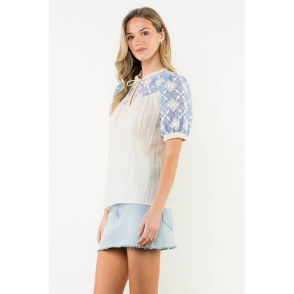 Krysa - Embroidered Yoke Puff Sleeve Crinkle Top