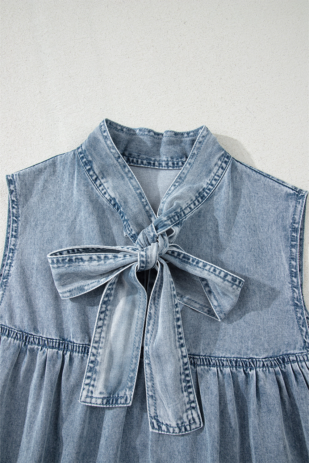 Threaded Pear Clare Sleeveless Ruffled Chambray Dress