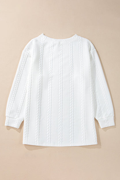 Threaded Pear White Cable Textured Loose Plus Size Sweatshirt