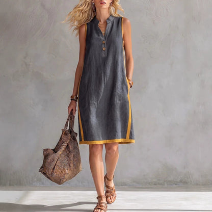 Women's Sleeveless V-Neck Button-Front Pocketed A-Line Midi Dress Caramel Color / M Women's Sleeveless V-Neck Button-Front Pocketed A-Line Midi Dress Caramel Color / M