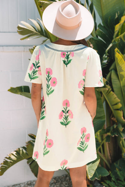 Threaded Pear Paloma Floral Short Sleeve Split Neck Loose Mini Dress