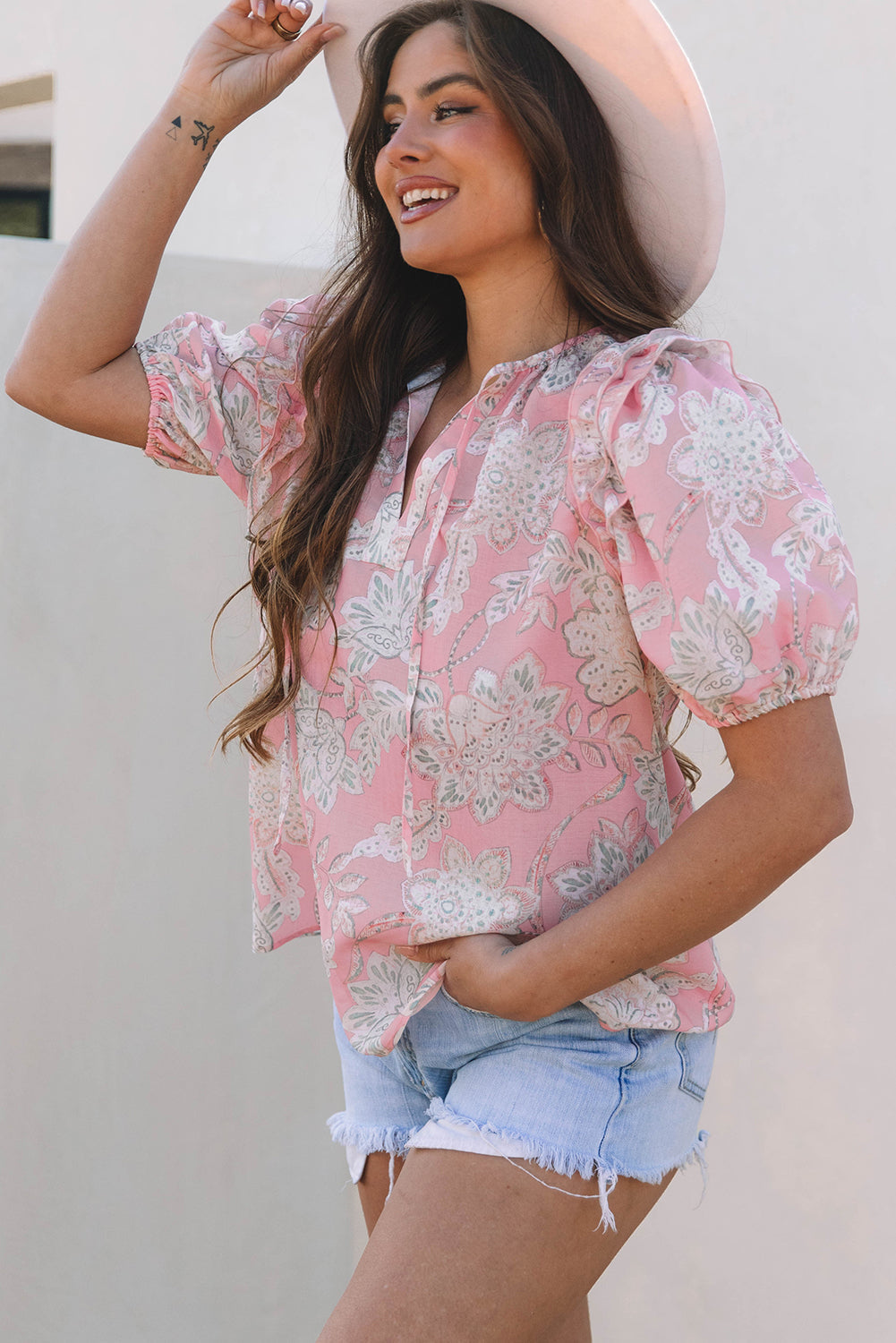 Threaded Pear Cattleya Floral Drawstring V Neck Puff Sleeve Loose Blouse