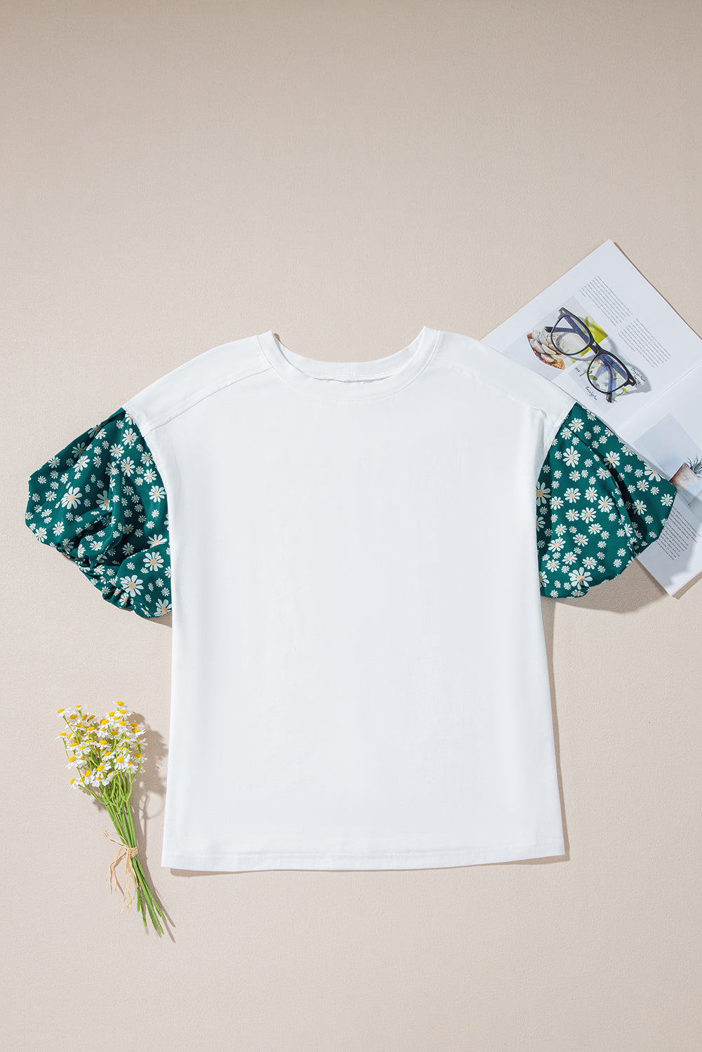 Aileen Floral Puff Sleeve Oversized Top - Threaded Pear