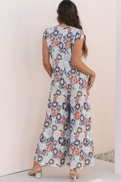 Threaded Pear Kylee Floral Sleeveless Buttoned Wide Leg Jumpsuit