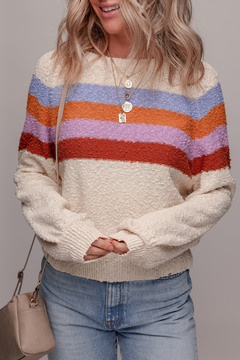 Threaded Pear Ayla Striped Color Block Loose Sleeve Chic Sweater