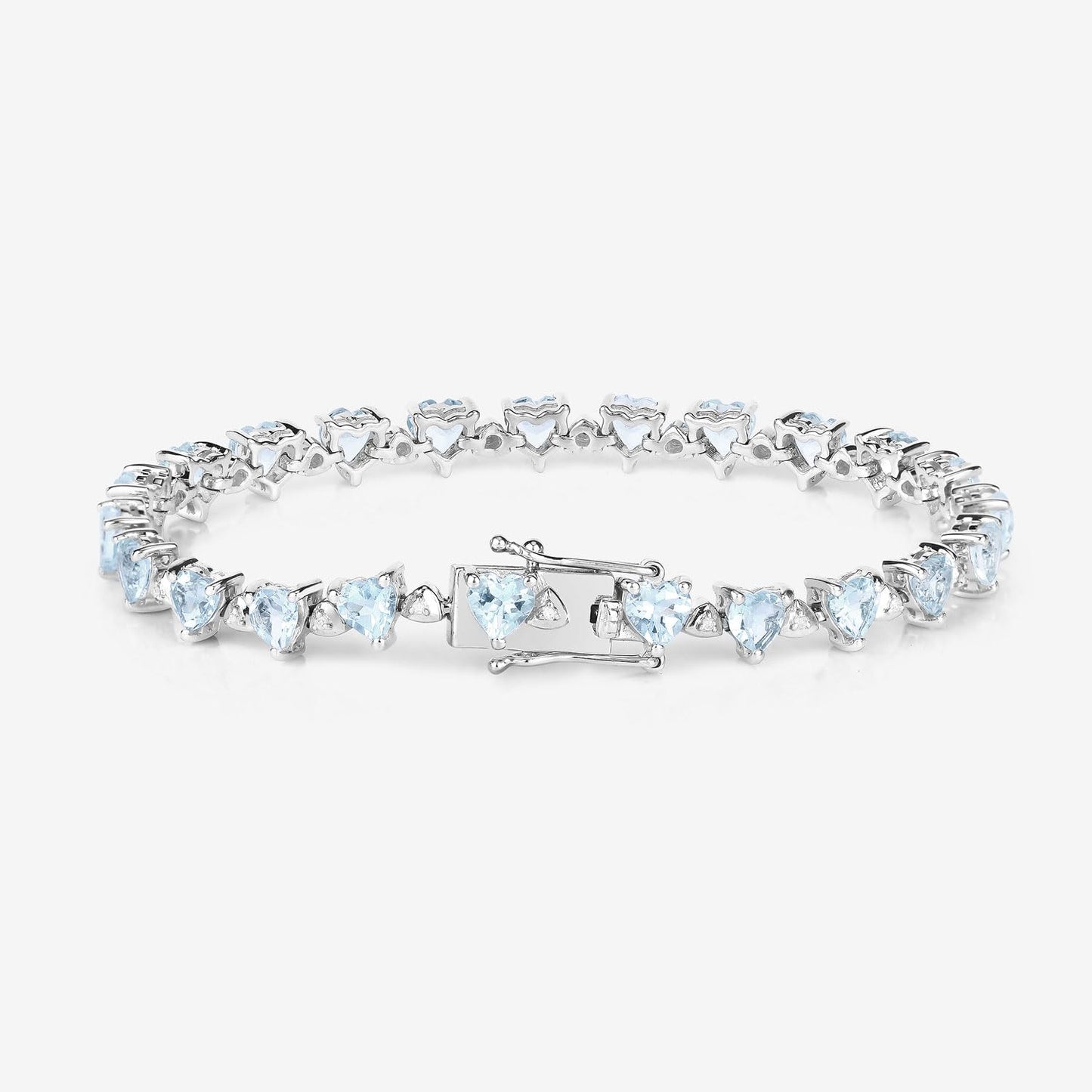 Heart Blue Aquamarine & Diamond Prong Silver Box Clasp Tennis Bracelet
