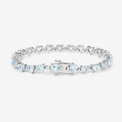 Heart Blue Aquamarine & Diamond Prong Silver Box Clasp Tennis Bracelet