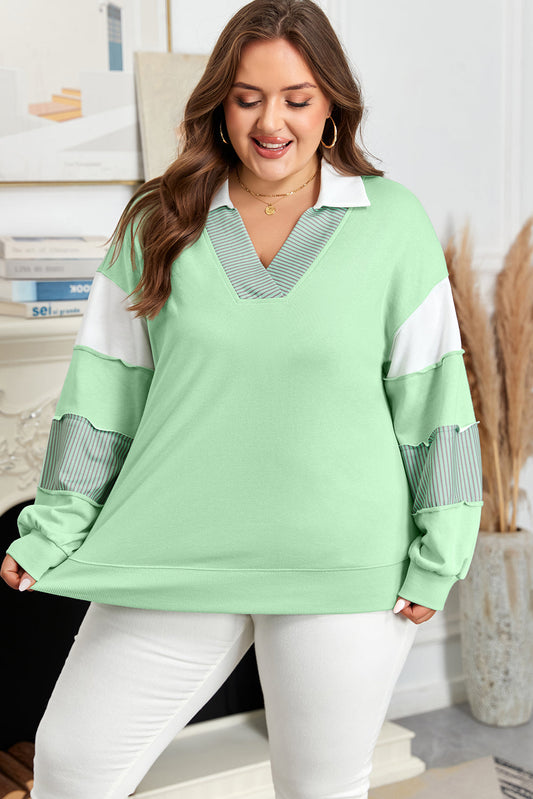 Threaded Pear Moonlight Jade Color Block Striped Patchwork Collar V Neck Plus Size Sweatshirt