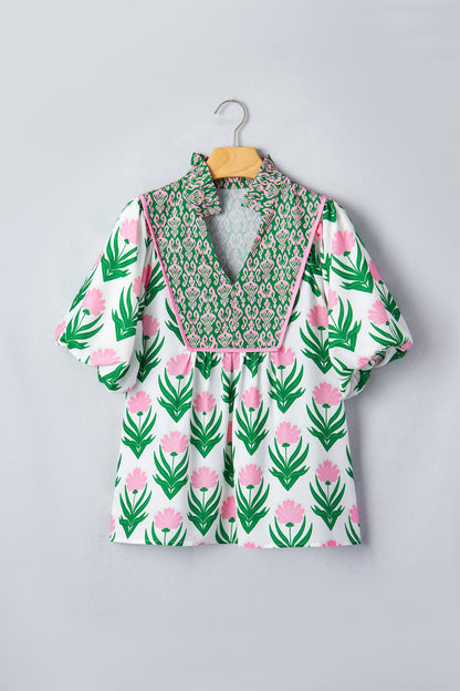 Threaded Pear Amiri Sleeve Contrast Bordered Blouse