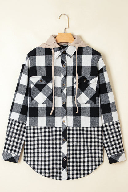 Threaded Pear Cecelia Patchwork Drawstring Hooded Shacket