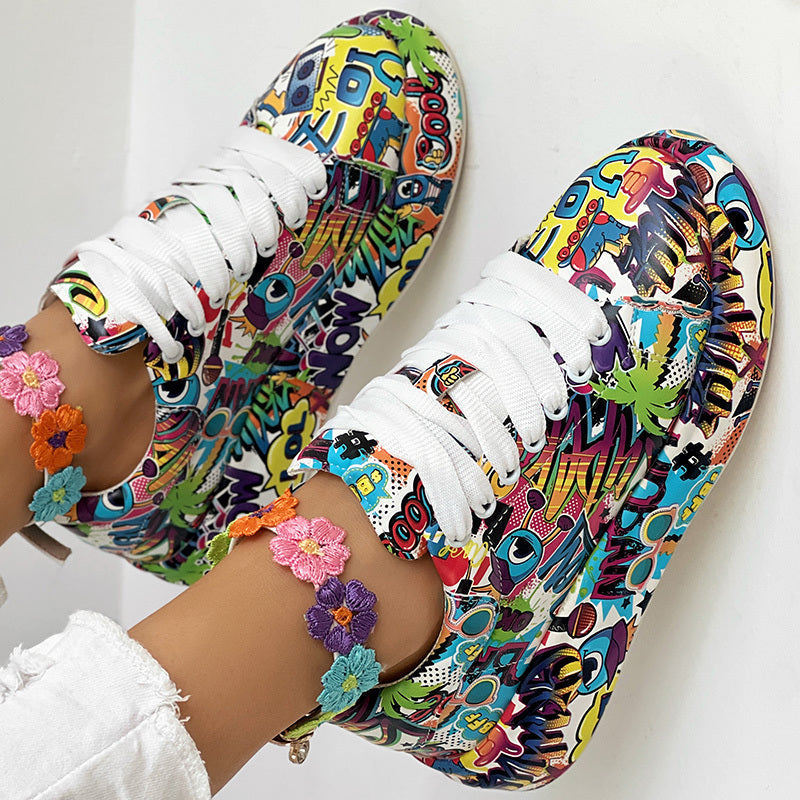 Round-Toe Thick-Sole Lace-Up Sneakers — Women’s Casual Print Shoes