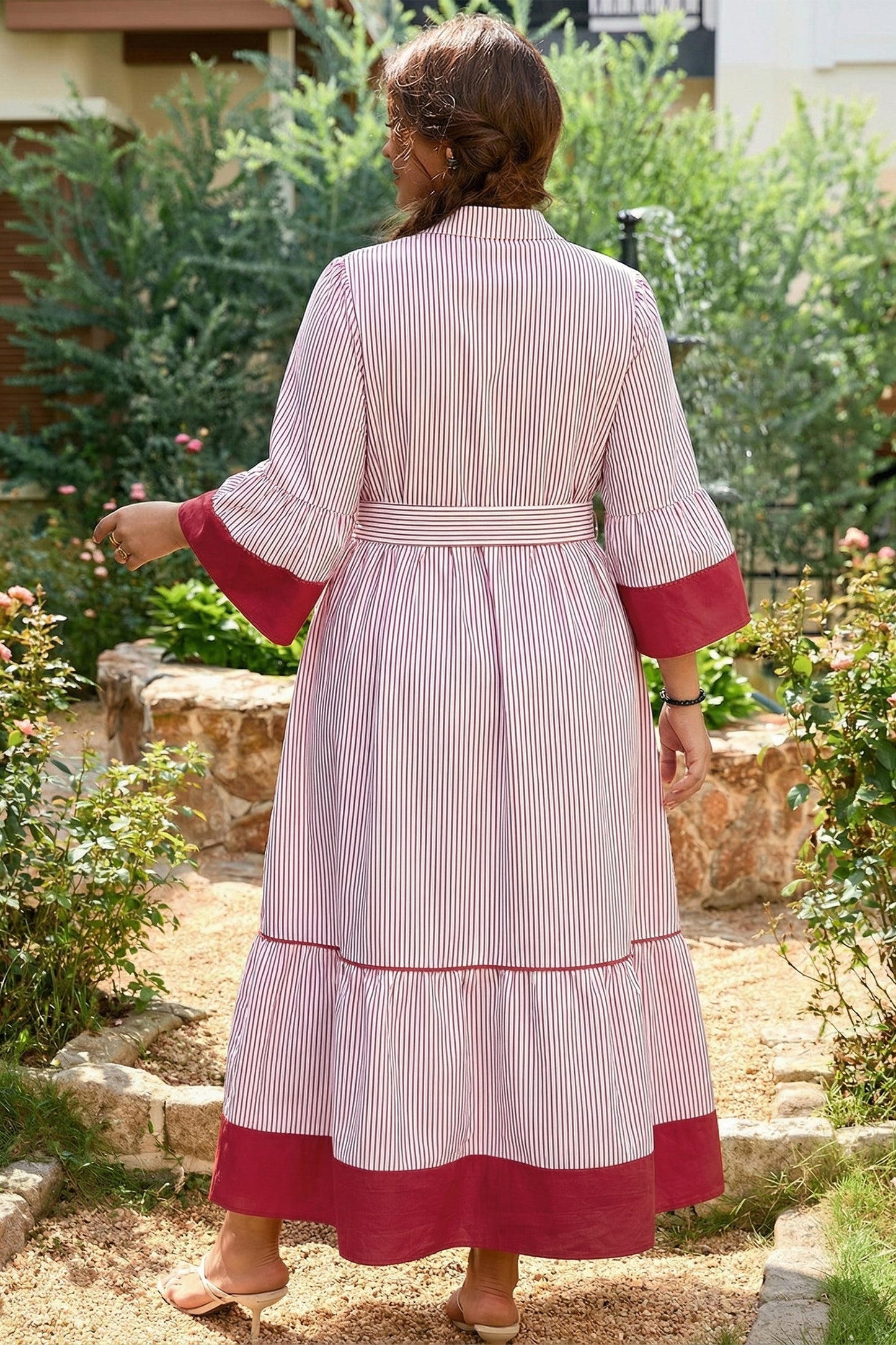 Red Stripe Plus Size Ruffled Hem Pinstriped Midi Dress