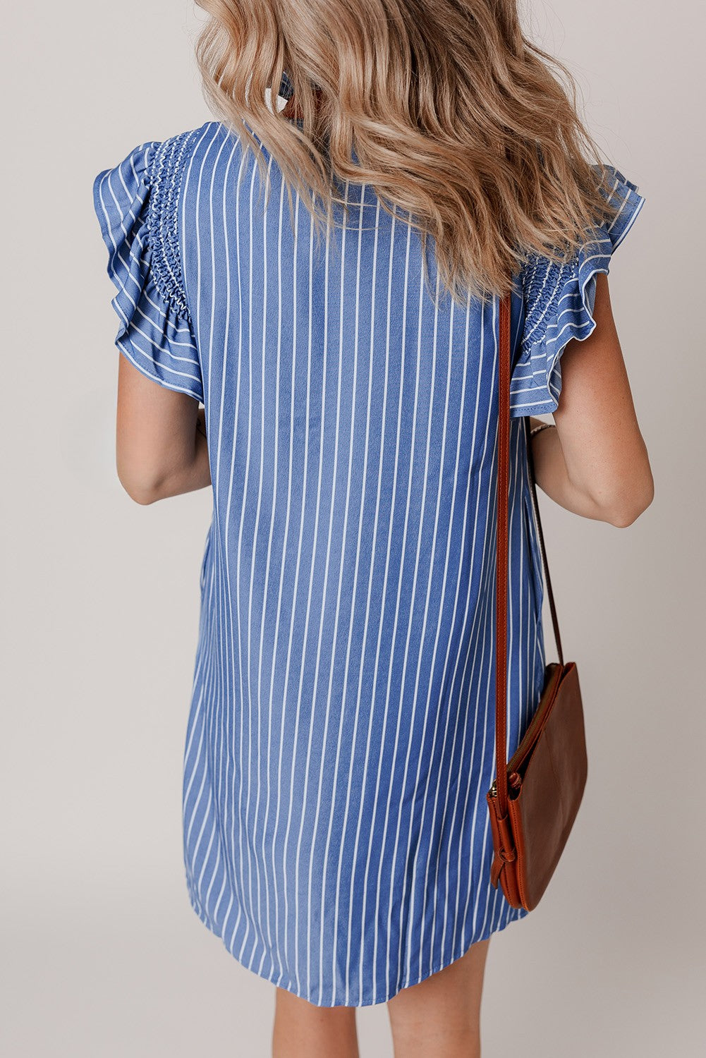 Threaded Pear Leah Stripe Frilly Split Neck Shirred Ruffle Sleeve Dress