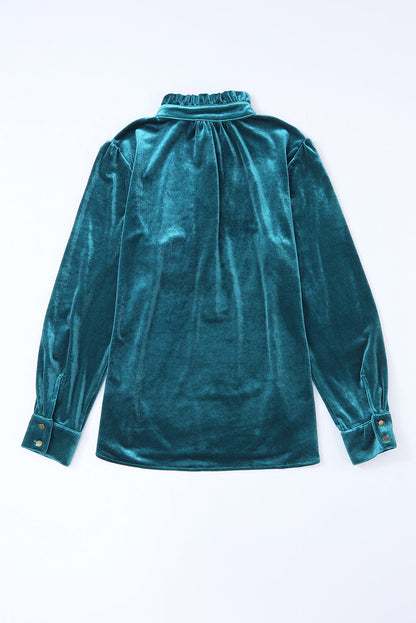Threaded Pear Gwynn Frilled Neck Buttoned Front Velvet Top