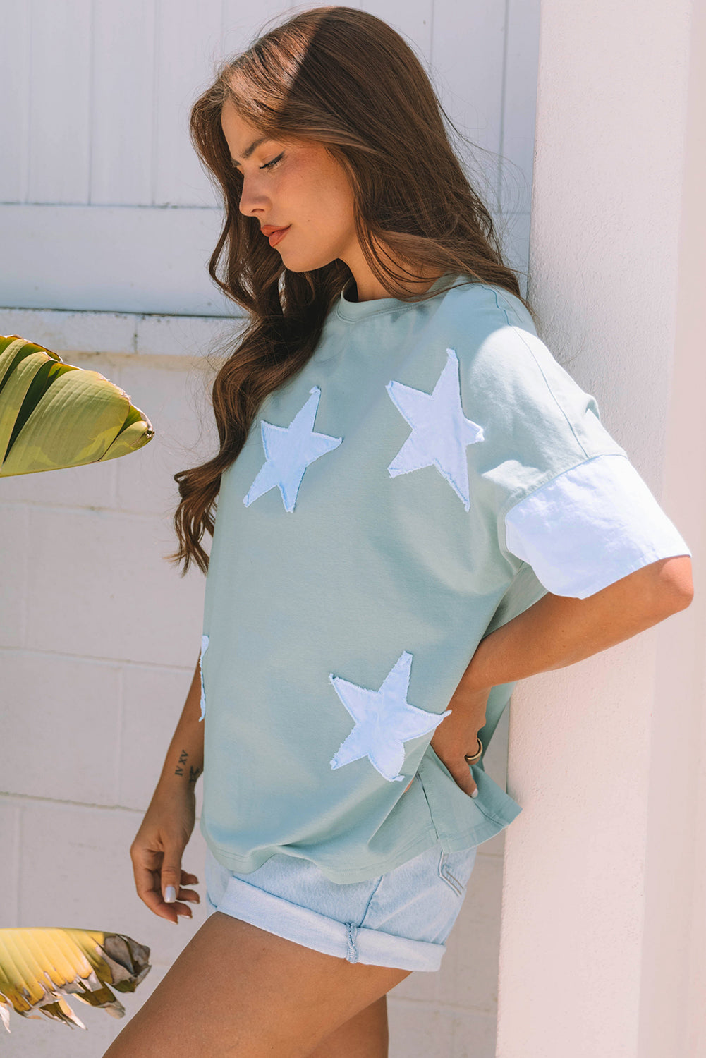 Threaded Pear Etta Frayed Denim Star Patched Oversize Top