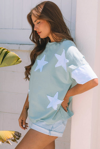 Threaded Pear Etta Frayed Denim Star Patched Oversize Top
