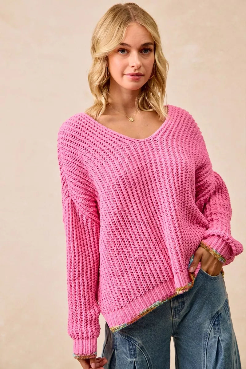 BiBi V-Neck Sweater with Colorful Trim