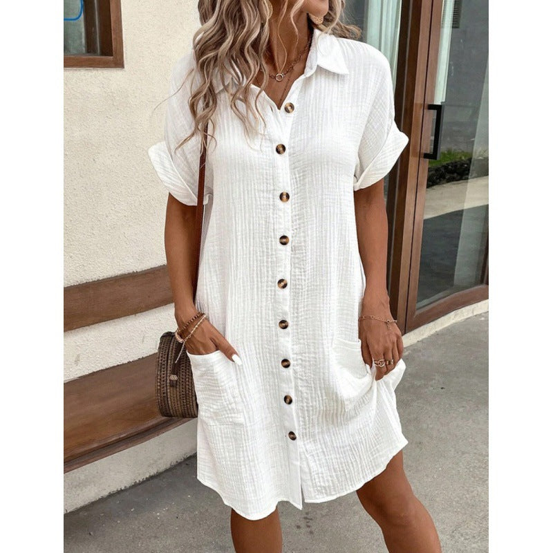 Women's Cotton Linen Shirt Dress – V-Neck Button-Front A-Line Dress