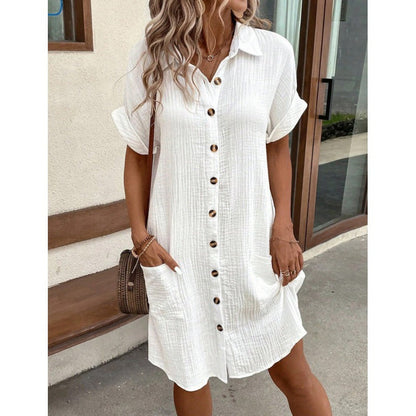 Women's Cotton Linen Shirt Dress – V-Neck Button-Front A-Line Dress