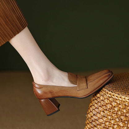 Women's Sheepskin Square Toe Chunky Heel Pumps – Retro High Heel Dress Shoes