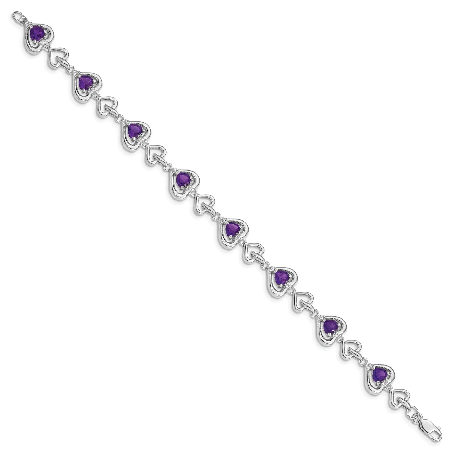 Heart Purple Amethyst & Diamond Prong Sterling Silver Heart Link Bracelet