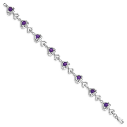 Heart Purple Amethyst & Diamond Prong Sterling Silver Heart Link Bracelet