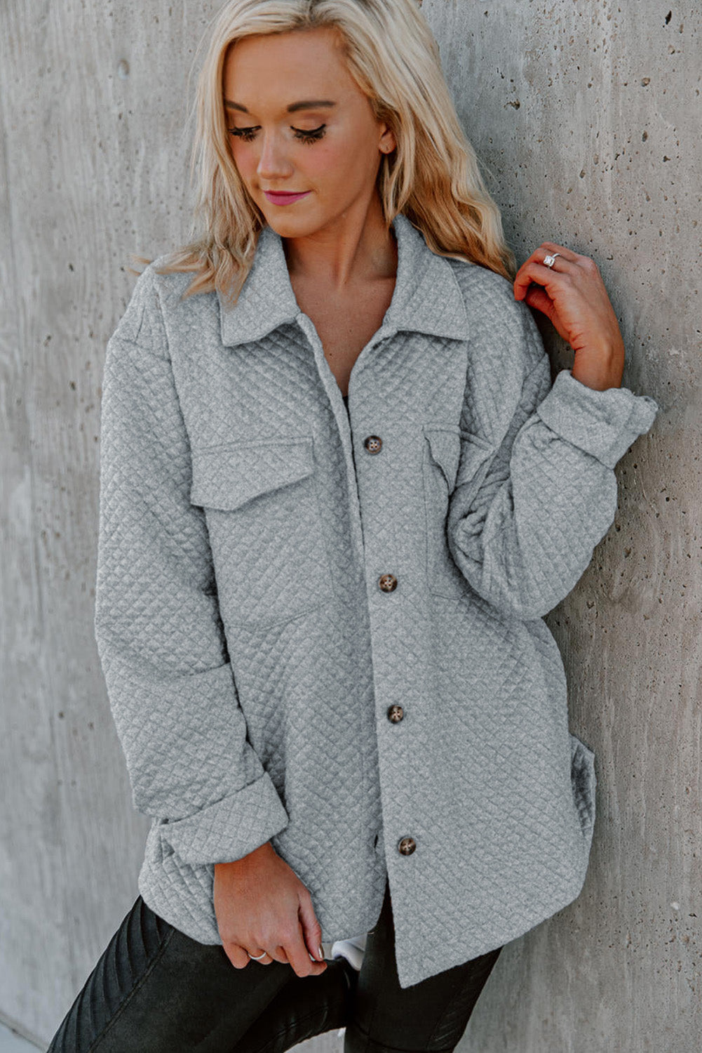 Threaded Pear Brooklynn Retro Quilted Flap Pocket Button Shacket