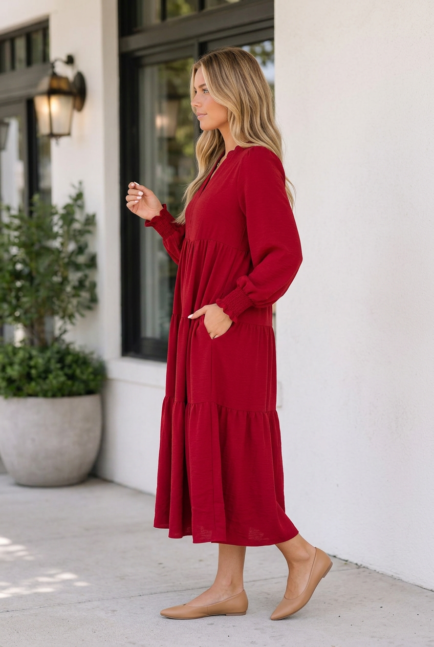 Threaded Pear Melani Tiered Shift Midi Dress