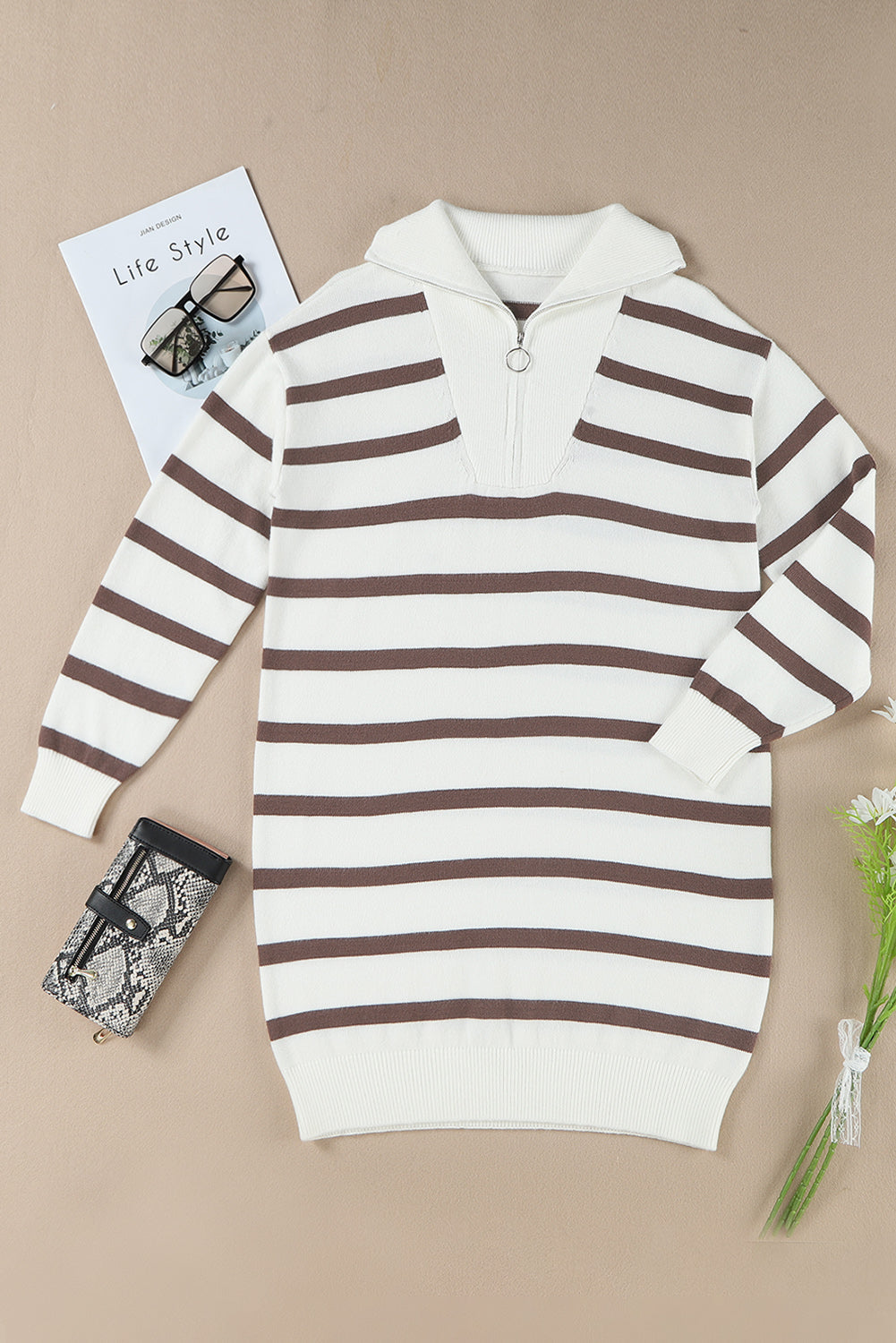 Threaded Pear Iris Striped Zip Collared Loose Sweater Mini Dress