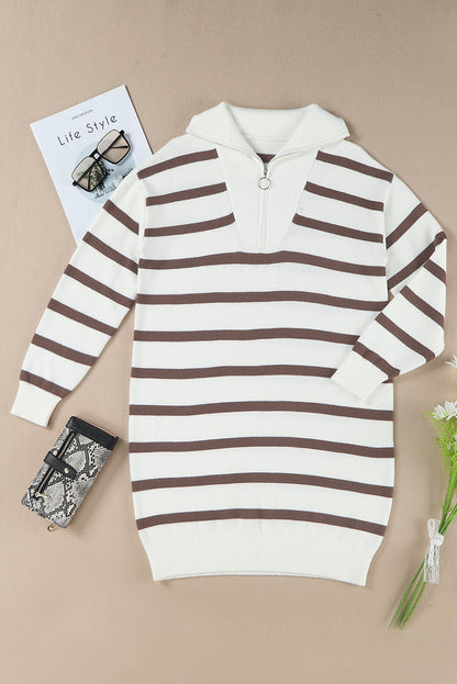 Threaded Pear Iris Striped Zip Collared Loose Sweater Mini Dress