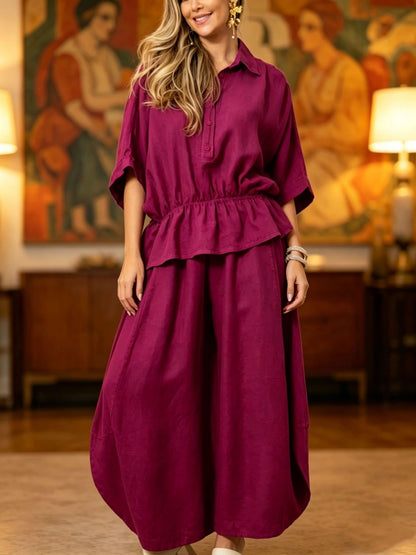Women's Plus Size Belted Shirt & Wide-Leg Pants Two-Piece Set