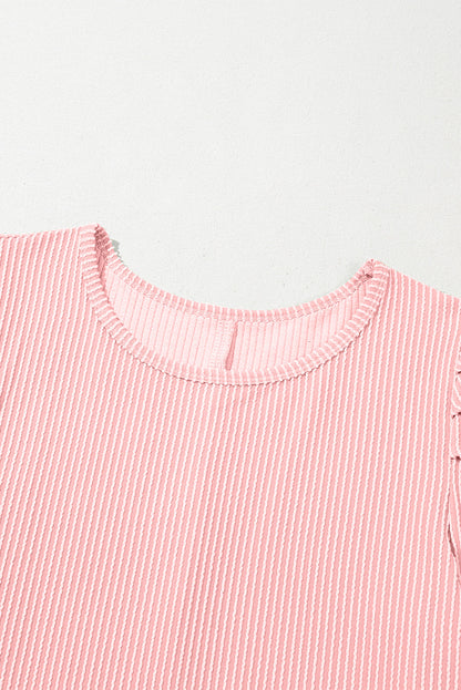 Bright Pink Corded Crew Neck Puff Sleeve Mini Dress