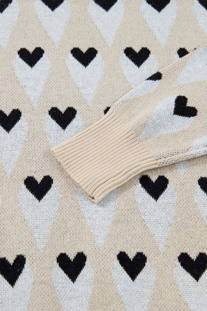 Brynlee Geometric Heart Print Ribbed Trim Loose Sweater