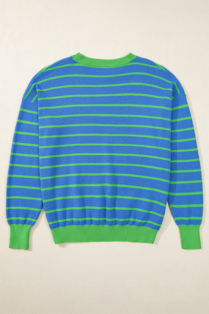 Threaded Pear Briar Stripe Trimmed Round Neck Loose Sweater
