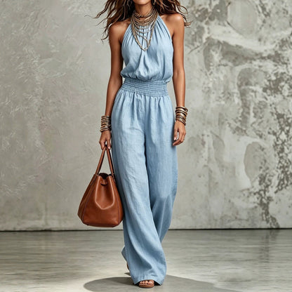 Women's Sleeveless Backless Lace-Up Halter Wide-Leg Jumpsuit