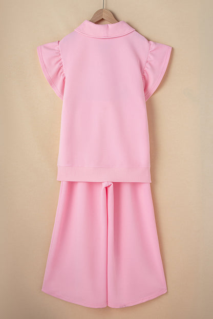 Kallie Ruffled Sleeve Zipped Top and Wide Leg Pants Set - Threaded Pear