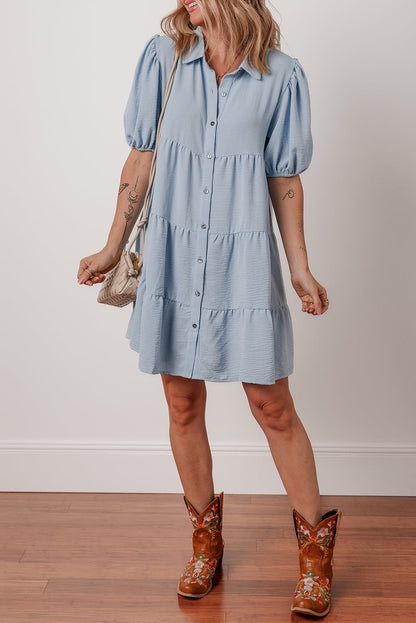 Threaded Pear Arya Shirt Collar Button Up Puff Sleeve Tiered Dress