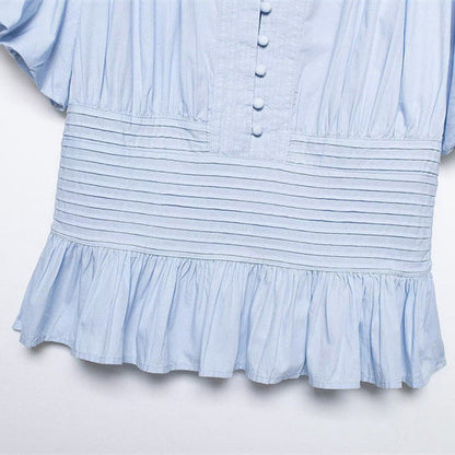 Women's Ruffle-Trim Puff-Sleeve Blouse Top – Slim-Fit Elegant