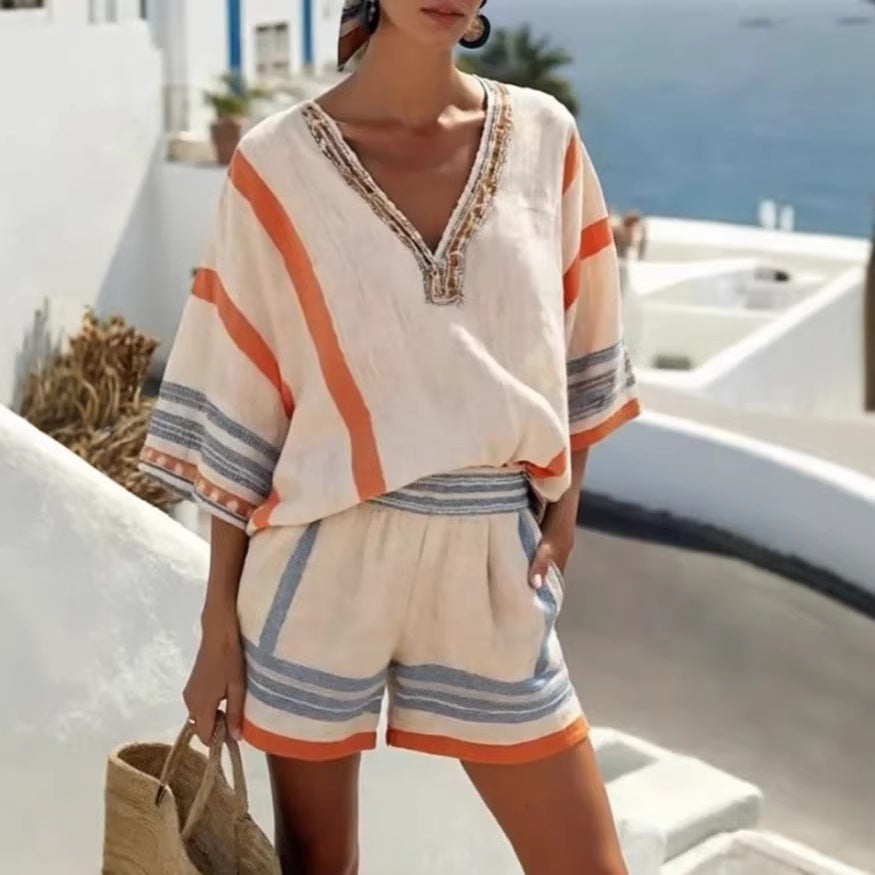Women’s Linen Striped V Neck Top and Shorts Set