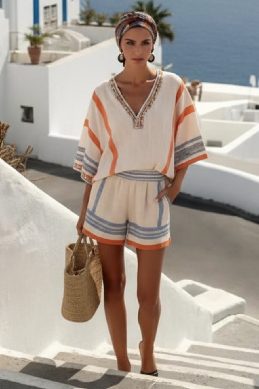Women's Striped Linen V-Neck Top & Shorts Set with Embroidered Neckline