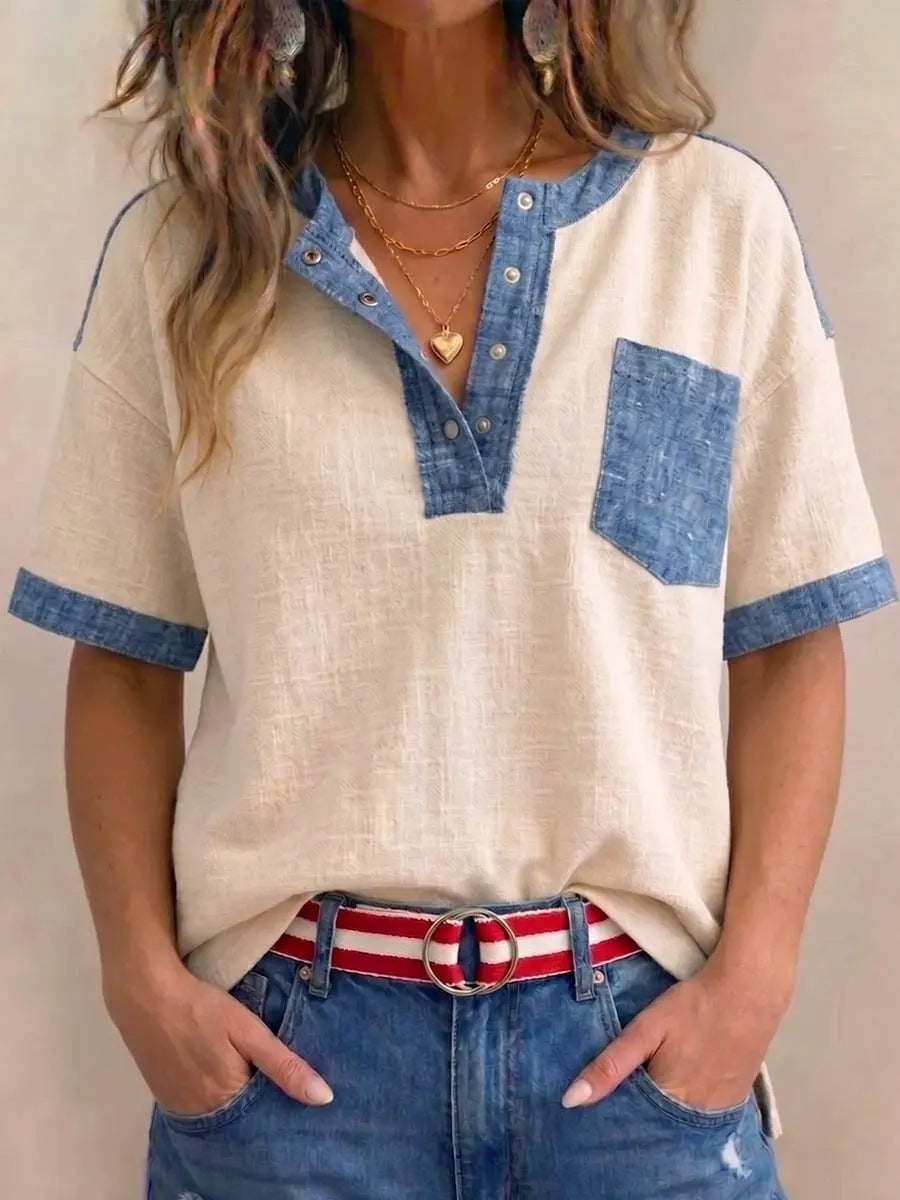 Women's Casual Loose-Fit Color-Block Patchwork Short-Sleeve Top