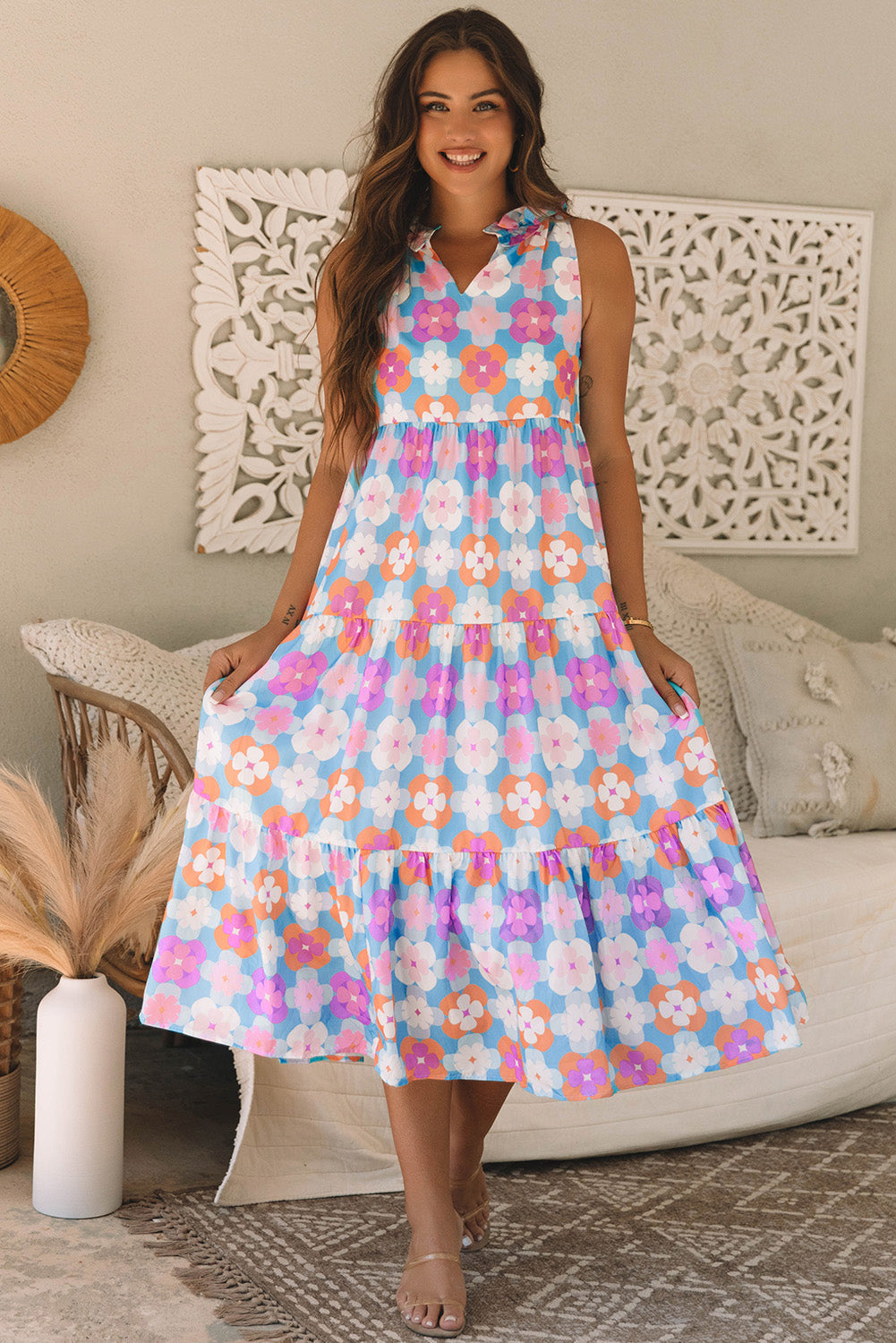 Threaded Pear Lottie Floral Print Frilly Neck Sleeveless Tiered Maxi Dress