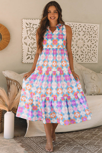 Threaded Pear Lottie Floral Print Frilly Neck Sleeveless Tiered Maxi Dress