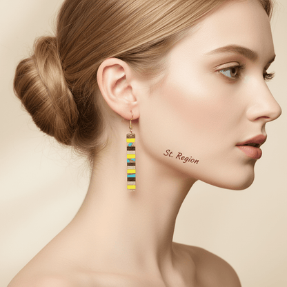 Yellow Resin & Wood Goldtone Striped Bar Hook Earrings