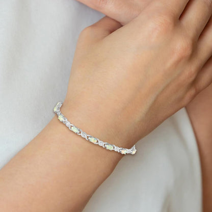 Oval White Created Opal & Diamond Prong Sterling Silver Infinity Link Bracelet
