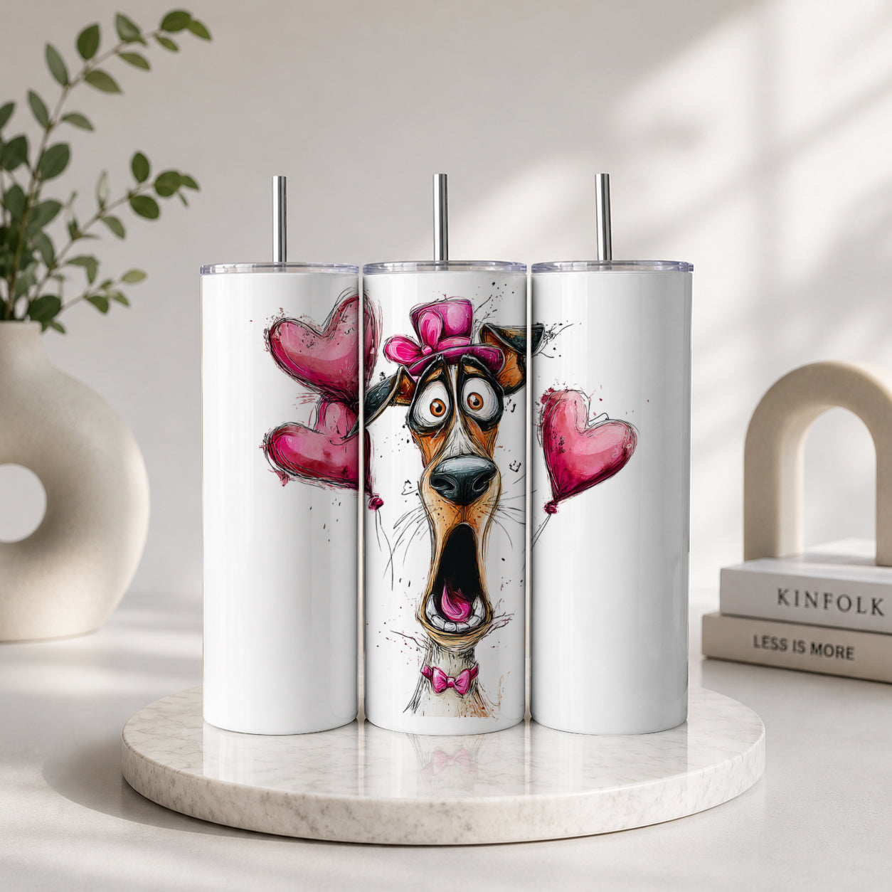 Funny Dog with Pink Hat & Heart Tumbler – Cute Cartoon Valentine Drinkware