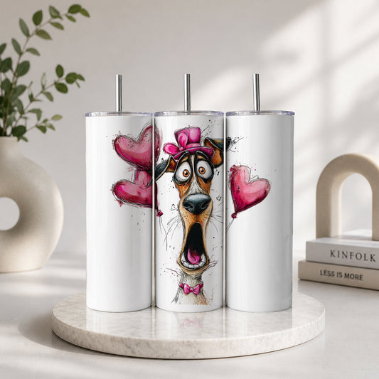 Funny Dog with Pink Hat & Heart Tumbler – Cute Cartoon Valentine Drinkware