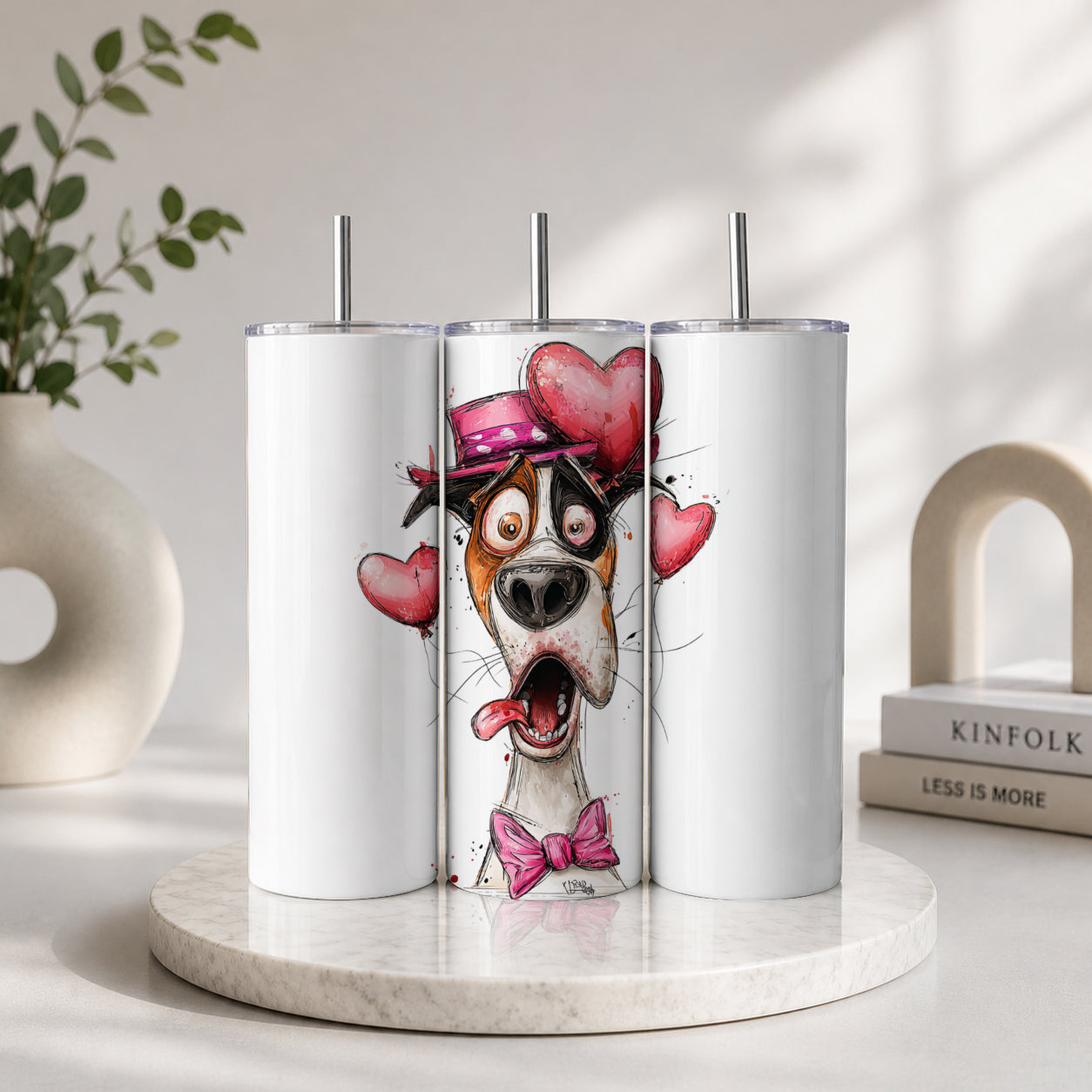 Funny Dog Pink Bow 20oz Skinny Tumbler with Straw – Cute Cartoon Style Drinkware