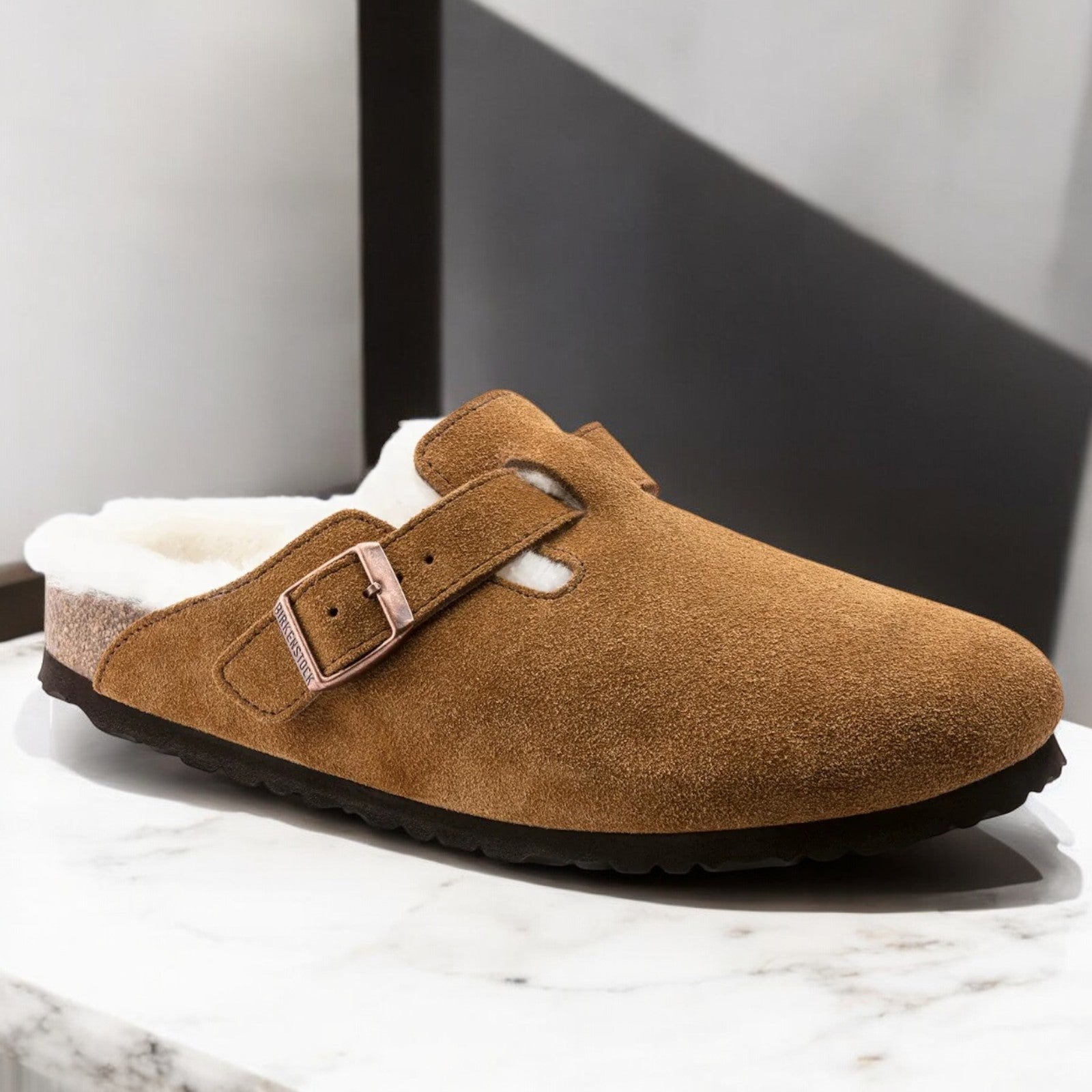 Birkenstock Boston Shearling Suede Leather 'Regular Fit' Sandals